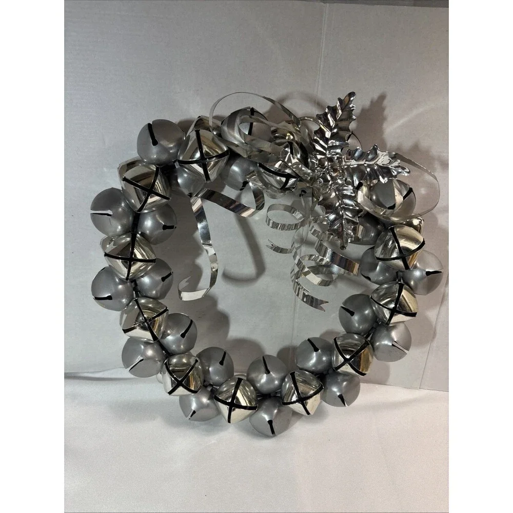 Vintage Silver Jingle Bell Wreath Metallic Holly Ribbon Christmas Door Hanger13”